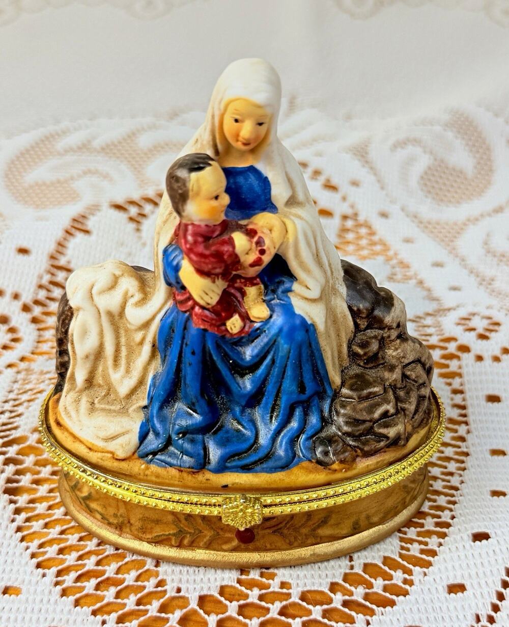 Madonna & Child Oval Hinged Gold-Tone Trinket Box, Christianity